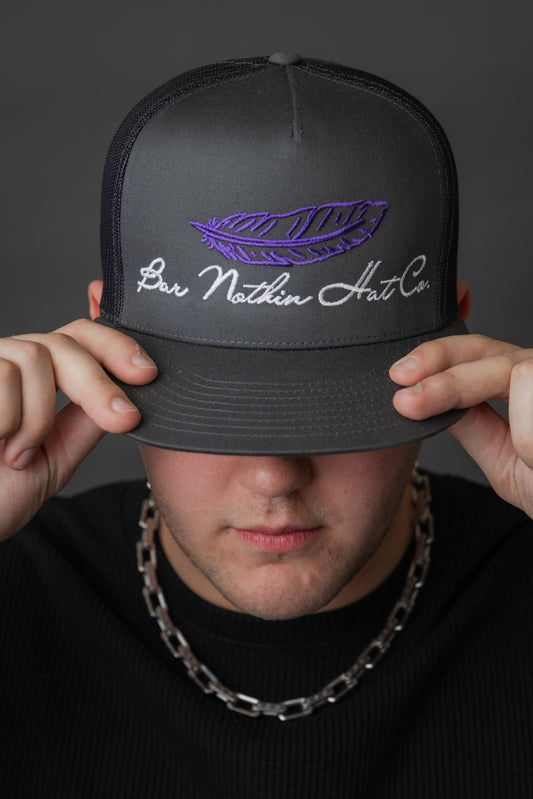 The Charcoal  Grey "Purple Feather" Cap Yupoong Flexfit